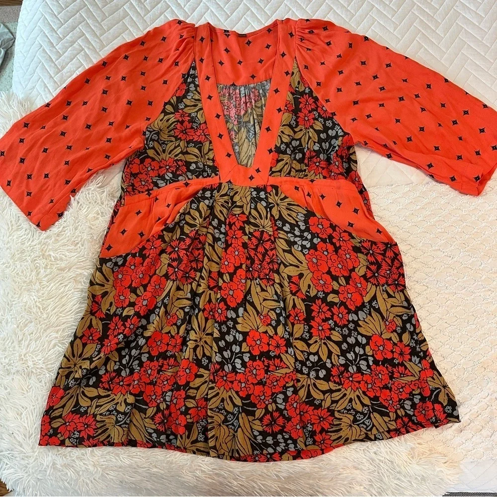 Free People Tallula Poppy Orange Deep-V Mixed Floral Boho Dress Size S